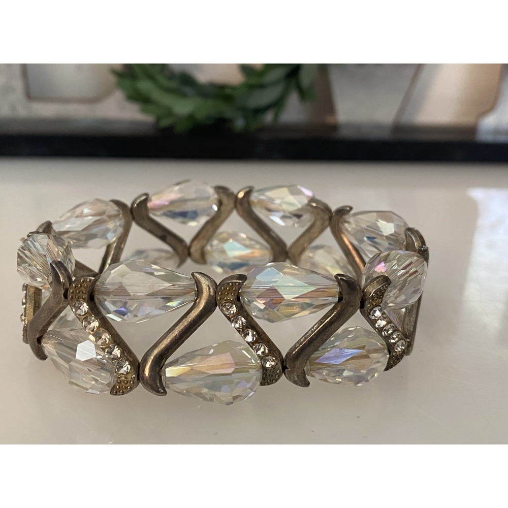 Vintage Silvertone‎ Faceted Beaded Sparkly Rhinestones Stretch Bracelet Sparkle